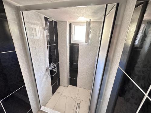 伊斯坦布尔STONE HOME Hostel的浴室里设有玻璃门淋浴