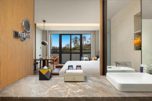 淳安voco千岛湖阳光大酒店的一间带水槽的浴室和一间客厅