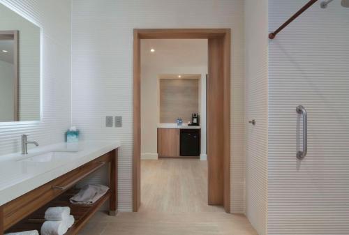拉罗马纳Hilton Garden Inn La Romana的白色的浴室设有水槽和淋浴。