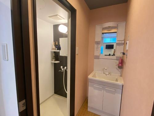 京都Higashi Shimbashi Building 3F Hostel Gion SORA - Vacation STAY 92728v的一间带水槽和淋浴的小浴室