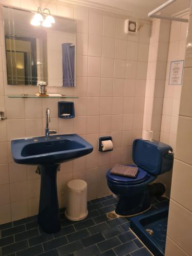 伊兹拉Greco Hotel的浴室设有蓝色的卫生间和水槽。