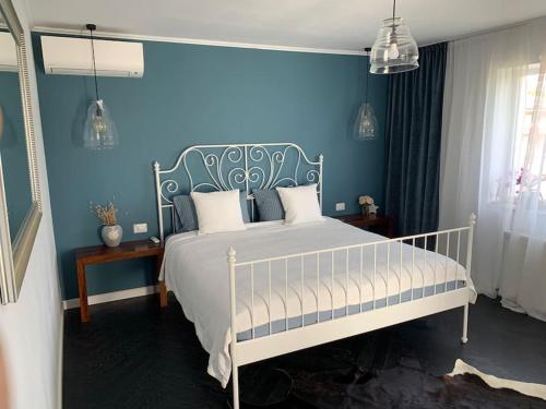 博托沙尼Relaxing entire house with garden的一间卧室配有一张蓝色墙壁的床