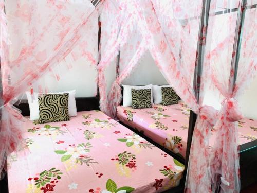 达瓦拉维孔雀别墅度假村的配有粉红色蚊帐的客房内的两张床