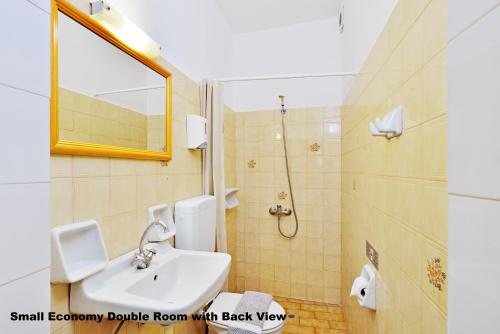 干尼亚Katerina Rooms for Rent的一间带水槽和淋浴的小浴室