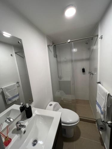 马尼萨莱斯Apartamento Centro de Manizales的浴室配有卫生间、盥洗盆和淋浴。