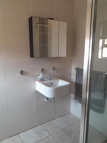 塞昆达Secunda BackPackers的白色的浴室设有水槽和淋浴。