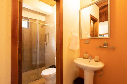 明多El Guayabal de Mindo的浴室配有卫生间、盥洗盆和淋浴。