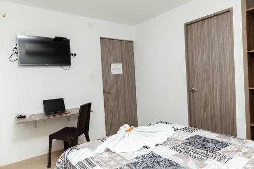 巴耶杜帕尔Hotel Galanni的一间卧室配有一张床、一张书桌和一台电视