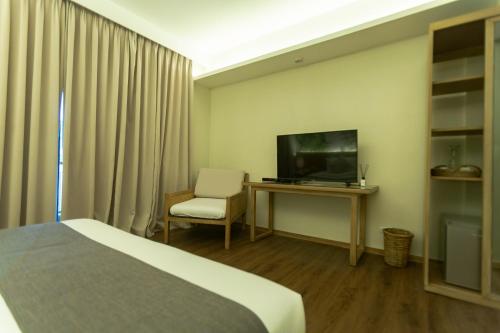 爱妮岛Isla Amara Resort的酒店客房带一张床、一台电视和一把椅子
