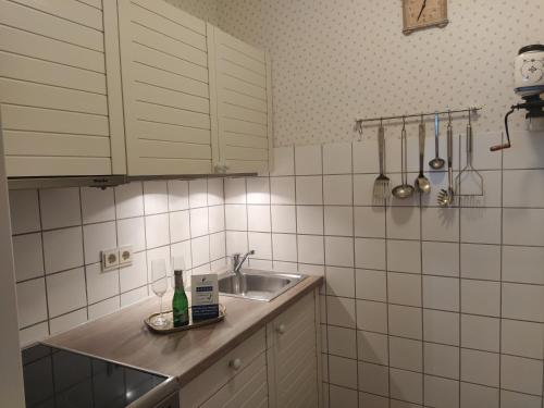 旧天鹅堡Ferienwohnung Zum Bartelt的厨房配有水槽和一瓶葡萄酒