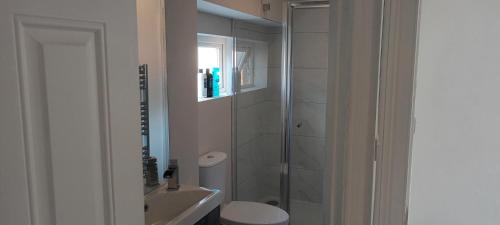 布瑞Eglinton Road - Super King - Ensuite的带淋浴、卫生间和盥洗盆的浴室