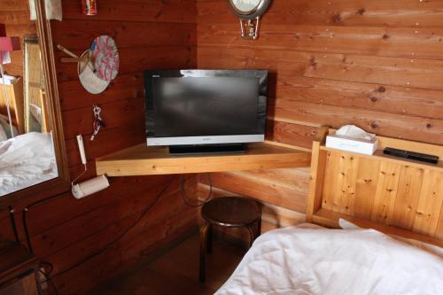富士河口湖太阳湖酒店的木墙上设有1间带电视的卧室