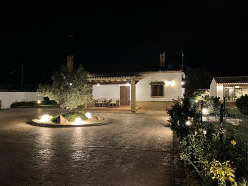 科尼尔-德拉弗龙特拉Vivienda Rural El Chirimbolo的一座房子的庭院,晚上有喷泉