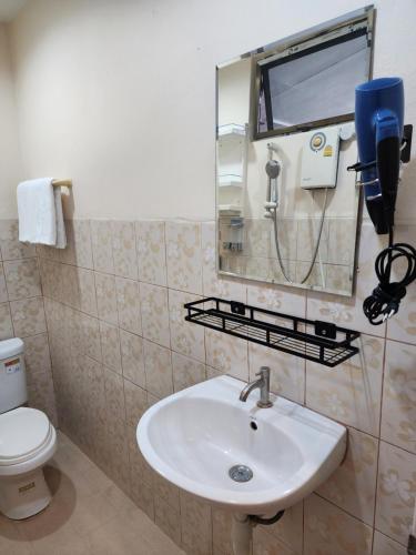 曼谷The Travellers House - Pet Friendly Accommodation的一间带水槽、镜子和卫生间的浴室