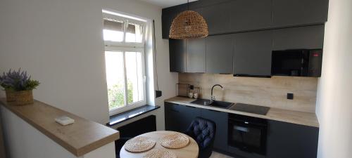 格涅兹诺Apartamenty Comfort的厨房配有桌子、水槽和窗户