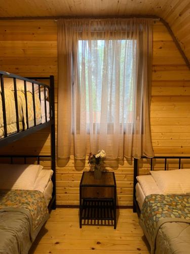 安布罗劳里Agaruka Cabin Racha的一间卧室设有两张单人床和一个窗户。