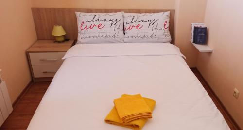班斯科VV Apartment Bansko的卧室配有白色的床,上面有黄毛巾