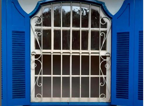 帕萨夸特鲁O Casarão的建筑上带栏杆的蓝色窗户