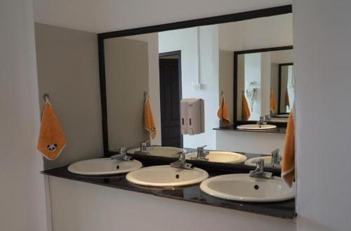 万荣Downtown Vang Vieng Hotel的浴室里一排带镜子的盥洗盆