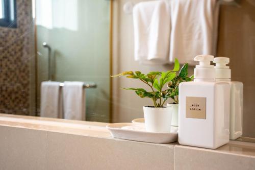 邦波Chor Cher The Luxury Green Hotel - SHA Extra Plus的浴室柜台,配有一瓶肥皂和植物