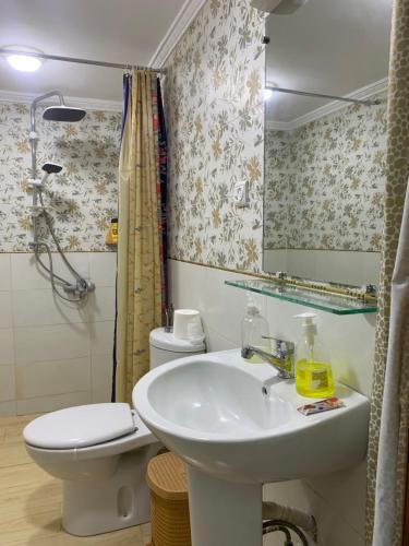 非斯Dar lmrama Guest House Fes Medina Morocco的一间带水槽、卫生间和镜子的浴室