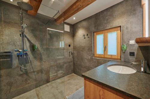 圣沃尔夫冈Chalet´s am See的一间带水槽和淋浴的浴室