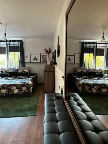 叶卡布皮尔斯OzolApart的一间设有两张床和大镜子的房间