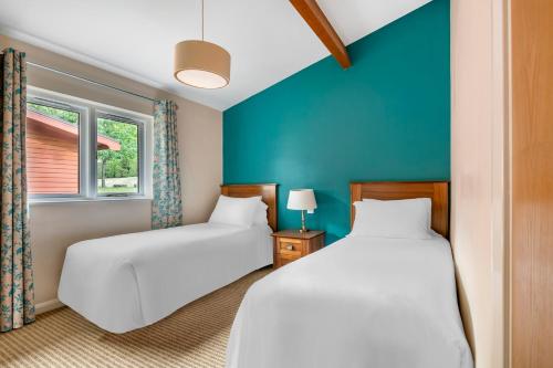 巴顿尼德伍的维奇诺尔公园乡村俱乐部钻石度假酒店的蓝色墙壁客房的两张床