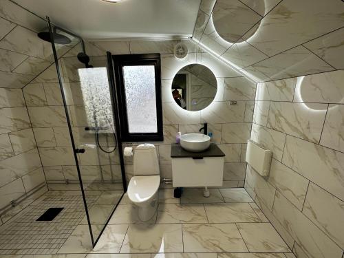 布罗斯independent apartment near citycenter/lake的一间带卫生间、水槽和镜子的浴室