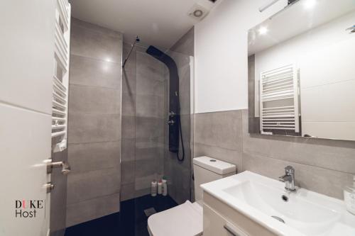 马德里Santa Maria de la cabeza Apartments的带淋浴、卫生间和盥洗盆的浴室