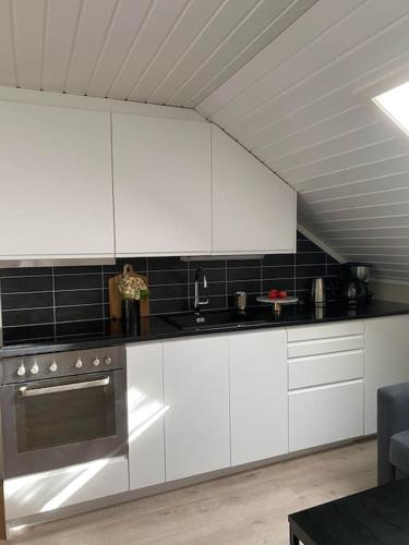 滕斯贝格Mycondo no - Snorres gt 4b apt 2 - Gratis parkering的厨房配有白色橱柜和炉灶。
