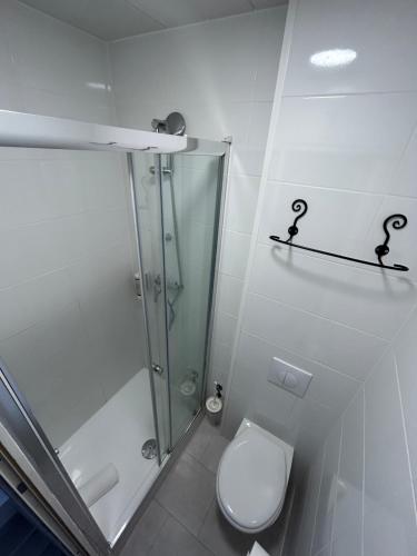 艾克斯莱班Authentic by Balladins, Le Carré d'Aix的带淋浴和卫生间的白色浴室