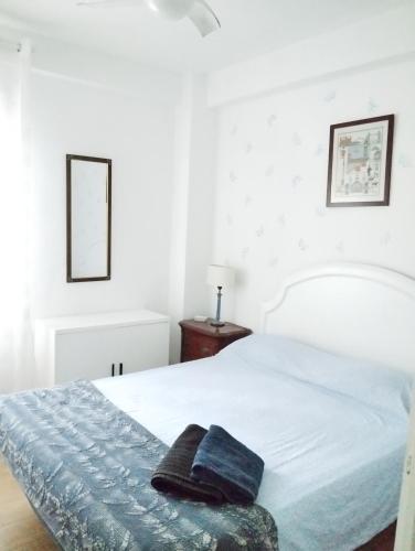 马德里Apartamento luminoso y nuevo en Madrid Rio的一间卧室配有一张白色的床和蓝色的毯子