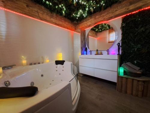 勒博塞Mas des rochers - Case bambou的白色的浴室设有浴缸和镜子
