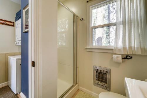 Soda SpringsMountain Cabin with Deck Less Than 1 Mile to Ski Resort!的带淋浴和盥洗盆的浴室以及窗户。