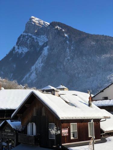 萨莫安斯Appartement en hyper centre de Samoëns的一座有雪覆盖的山房