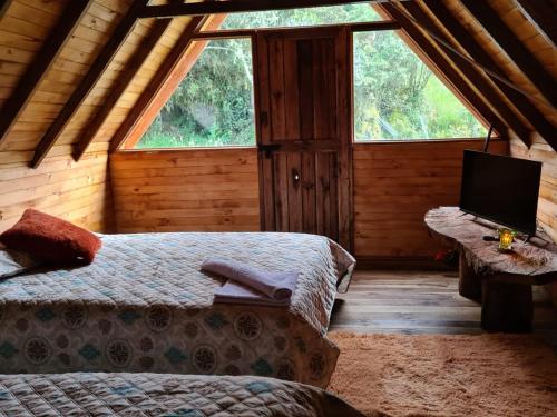 乔阿奇Cabañas del bosque的小屋内设有一间带两张床和电视的卧室