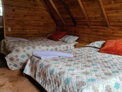乔阿奇Cabañas del bosque的小木屋内一间卧室,配有两张床