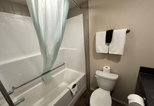 落基山庄Voyageur Motel的带浴缸、卫生间和毛巾的浴室