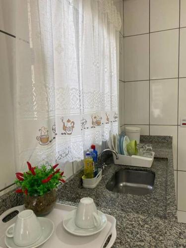 库亚巴apartamento inteiro的厨房柜台设有碗碟、水槽和水槽