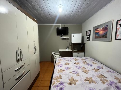 里奥韦尔迪Casa Recanto - Quarto simples的一间卧室配有一张床、一张书桌和一台电视。