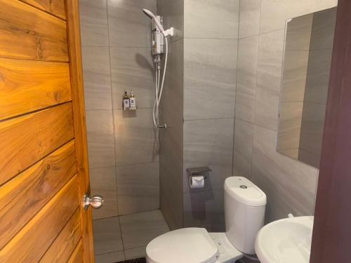 Amnat CharoenThe C Hotel的带淋浴、卫生间和盥洗盆的浴室