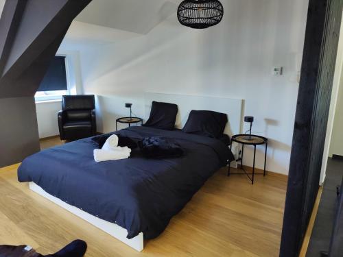 圣特雷登B&B Leopold & Vakantiewongingen的一间卧室配有一张大床,上面有白色鸭子
