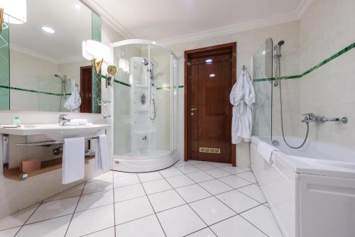 弗尔沙茨布雷格别墅酒店的带淋浴、卫生间和盥洗盆的浴室