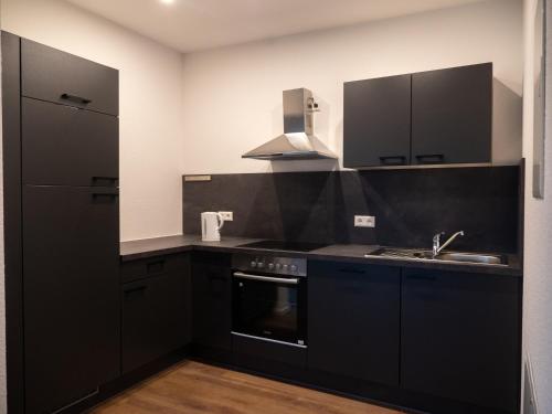 卡尔斯巴德Appartmenthaus Karlsbad的厨房配有黑色橱柜和水槽