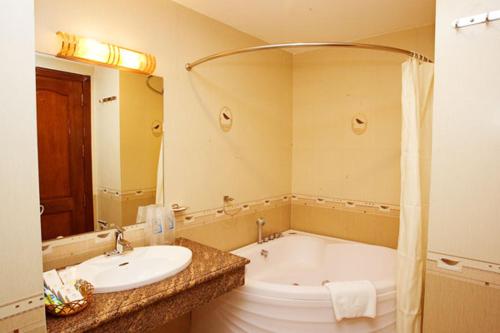 胡志明市谭晃龙酒店的浴室配有盥洗盆和浴缸。