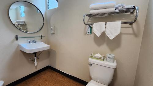 檀香山威基基住宿酒店的一间带卫生间、水槽和镜子的浴室