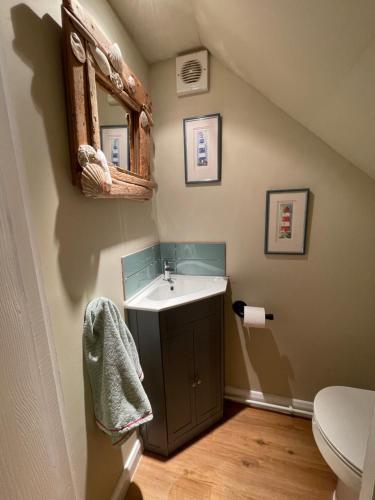 BaconsthorpeCharming North Norfolk flint cottage的一间带水槽和卫生间的浴室