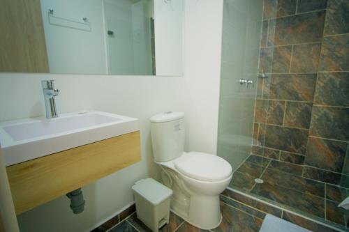 阿卡西亚斯HOTEL EL NARANJO的一间带卫生间、水槽和镜子的浴室