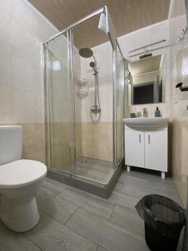 LiskiMini Hotel的带淋浴、卫生间和盥洗盆的浴室